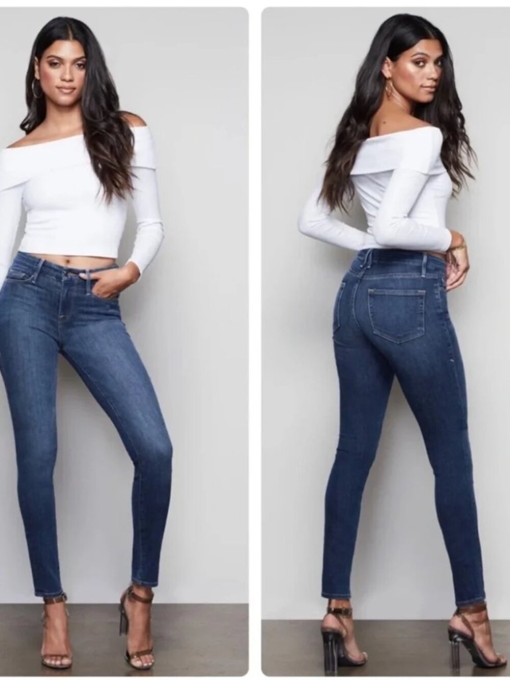 GOOD‎ AMERICAN Good Legs Jeans Womens 8/29 Blue Mid Rise Skinny Raw Hem Stretch